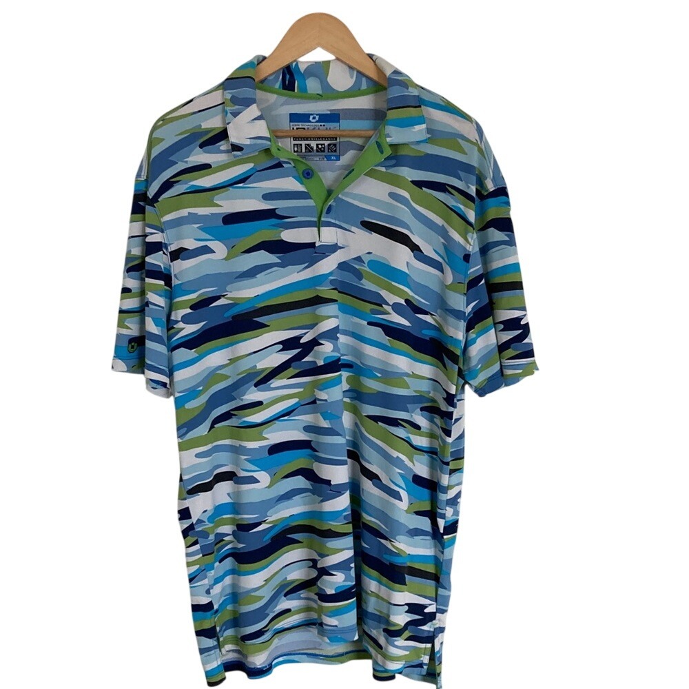 IBKul Men's‎ Camouflage Polo Shirt Size XL Performance Blue Green Stretch